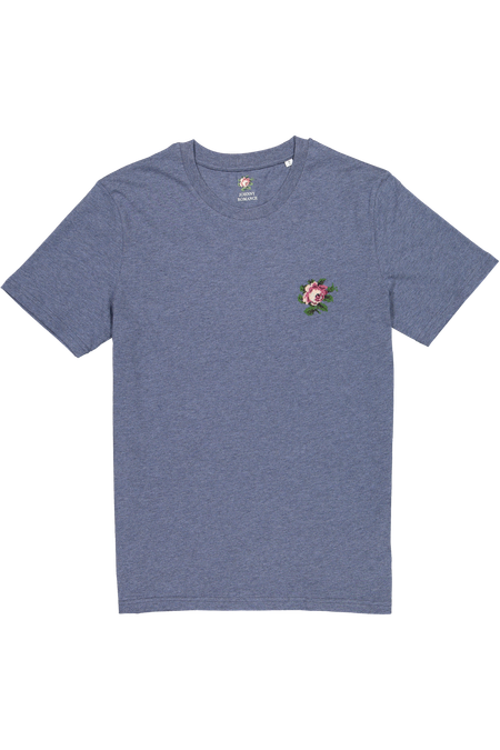 Tee-shirt bleu chine brodé en coton bio - rose - bleu chine