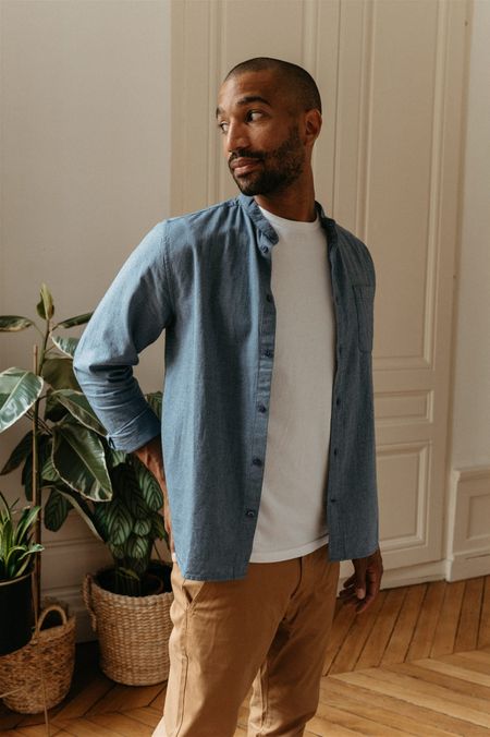 Chemise col officier bleue flanelle en coton bio - flannel dark denim