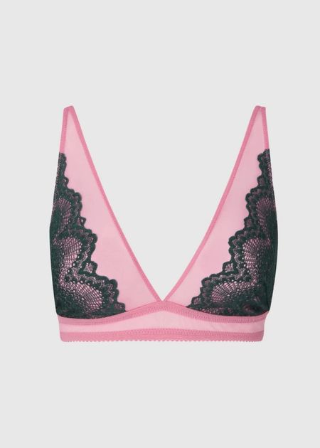 Soutien gorge triangle en matières recyclées | bicolore "lace mesh plunge bralette - pine/candy pink"