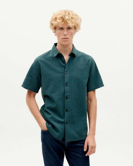 Chemise manches courtes en coton bio | vert "bottle green checks seersucker tom shirt"