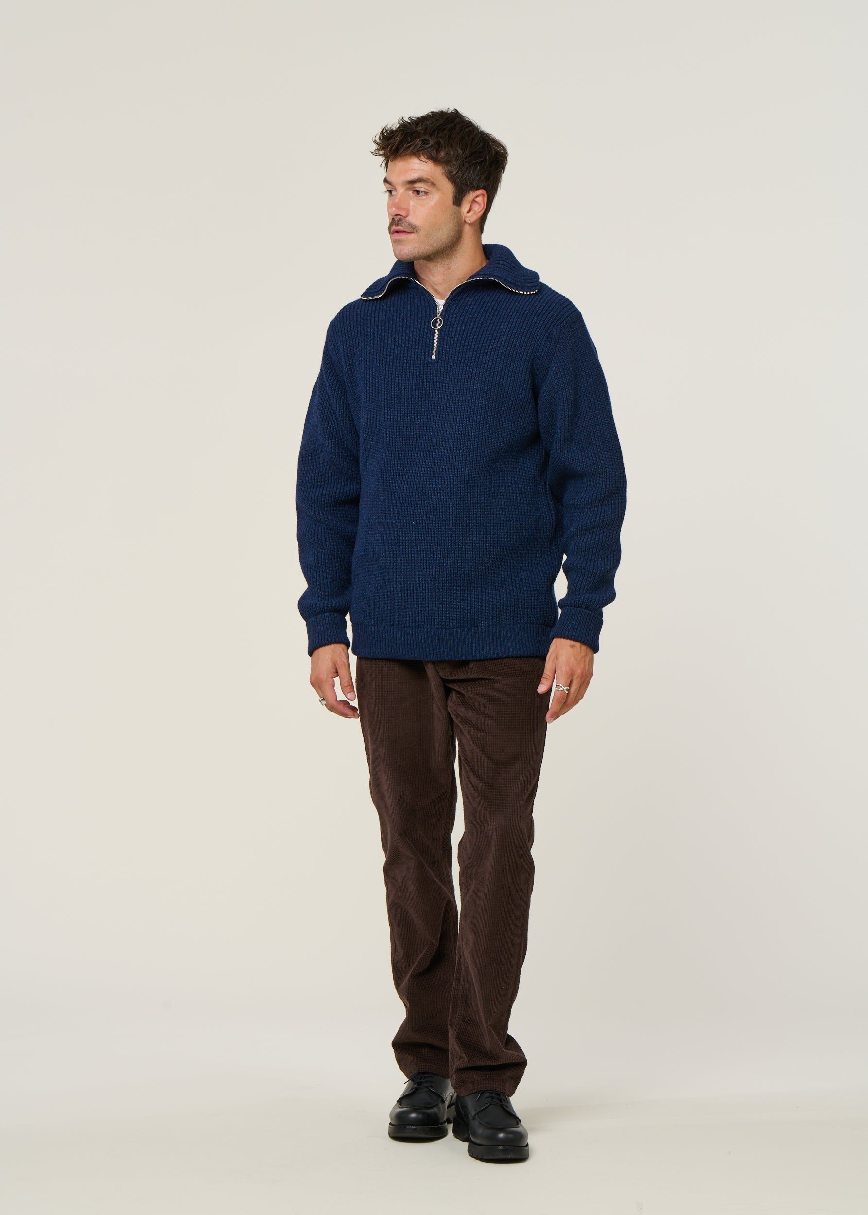Pull maille col zippé en laine recyclée | bleu "heavy knit troyer wool-blend - blue melange", Rotholz, photo 3