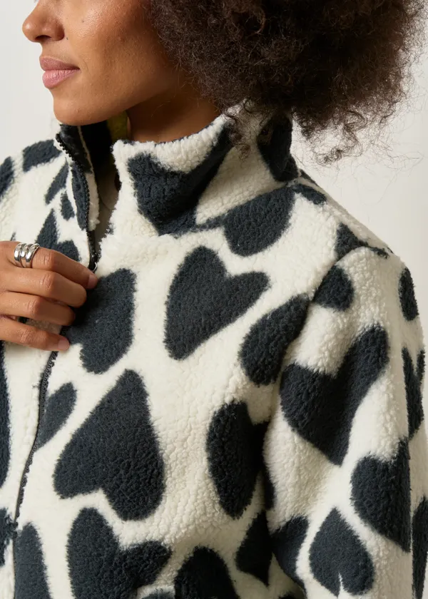Veste sherpa à motifs en matière recyclée | blanc et noir "Cuddle cat bomber jacket amore - white", Mademoiselle Yéyé