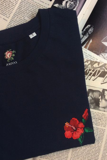 T-shirt marine brodé en coton bio - hibiscus homme