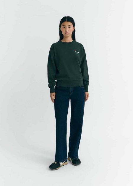 Sweatshirt brodé en coton bio | vert "flower tm bottle green jodie sweatshirt - green", Thinking Mu, photo 4