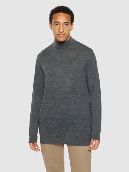 Pull col montant en laine mérinos certifiée | gris foncé "merino mock neck dark grey melange" - Knowledge Cotton Apparel