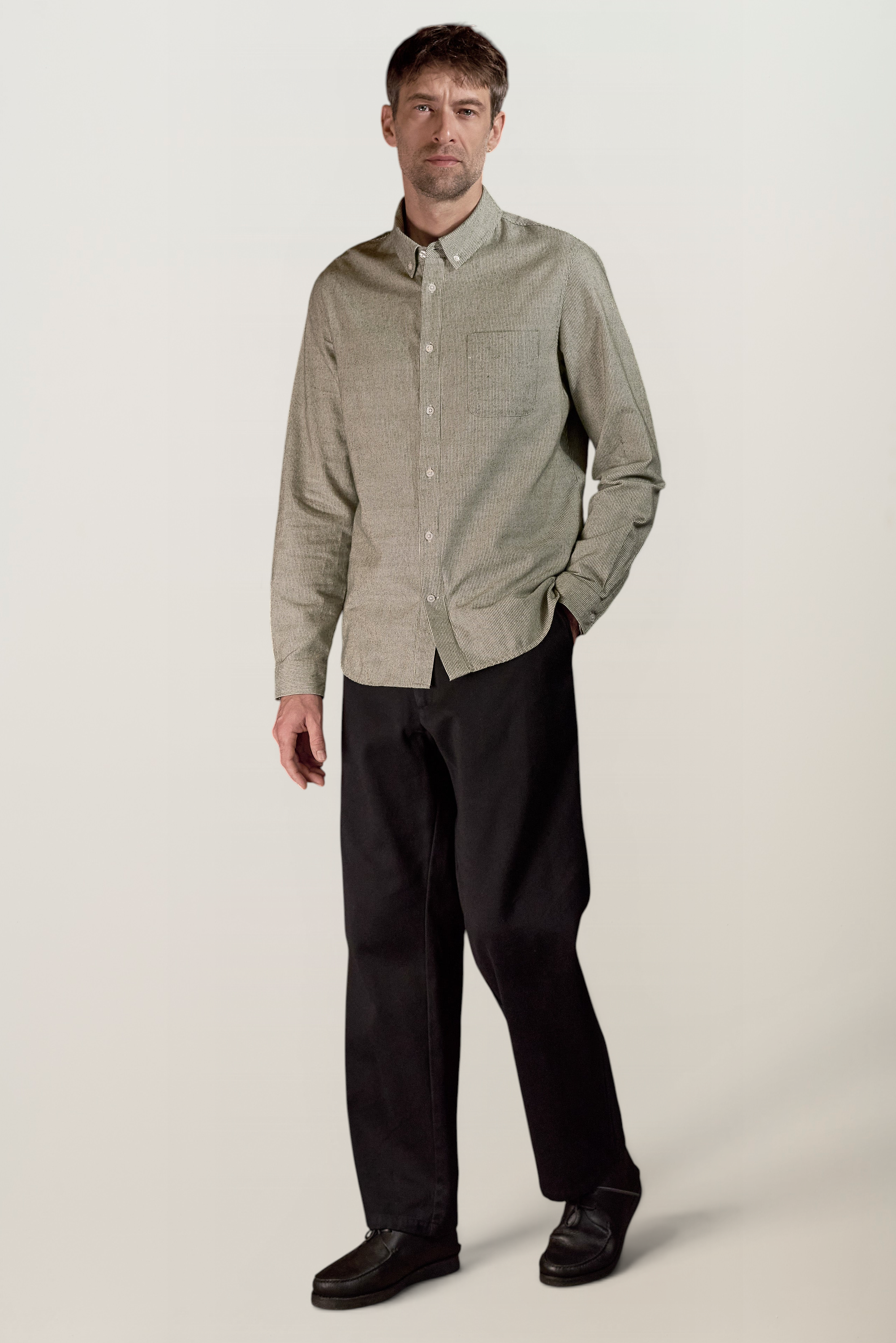 Chemise en coton bio | rayé vert "Ken eco brushed cotton striped green", About Companions, photo 3