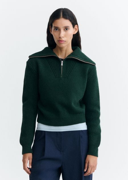 Pull zippé col en laine mérinos | vert "Green tanit knitted sweater - green" - Thinking Mu