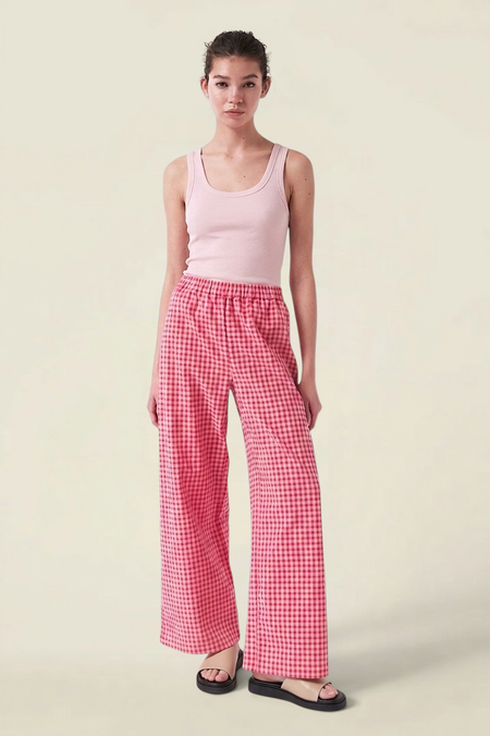 Pantalon léger en coton bio et polyester recyclé | vichy rouge rose "Crush pants - vichy red pink" - AMT Studio