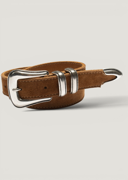 Ceinture en cuir suède à tannage végétal | tabac "Western suede silver belt - tobacco"