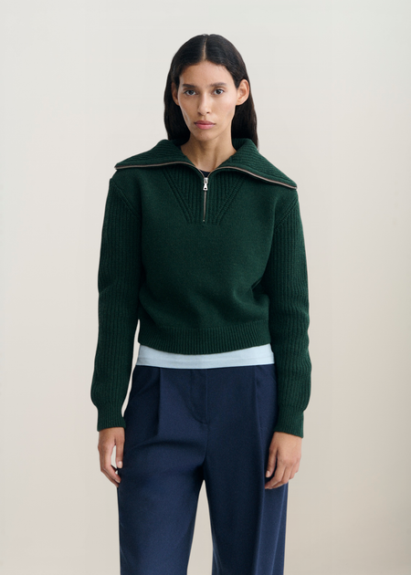 Pull zippé col en laine mérinos | vert "Green tanit knitted sweater - green" - Thinking Mu