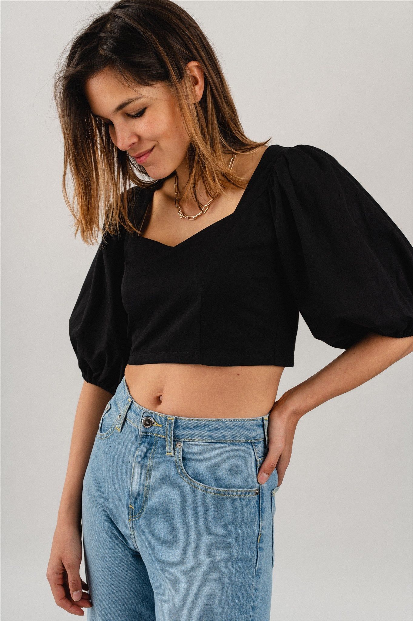 Blouse manches bouffantes noire en coton bio - madalena black, Jan'n June, photo 2