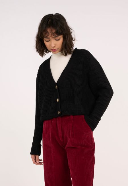 Gilet oversize noir en coton bio et tencel - v-neck cardigan black jet