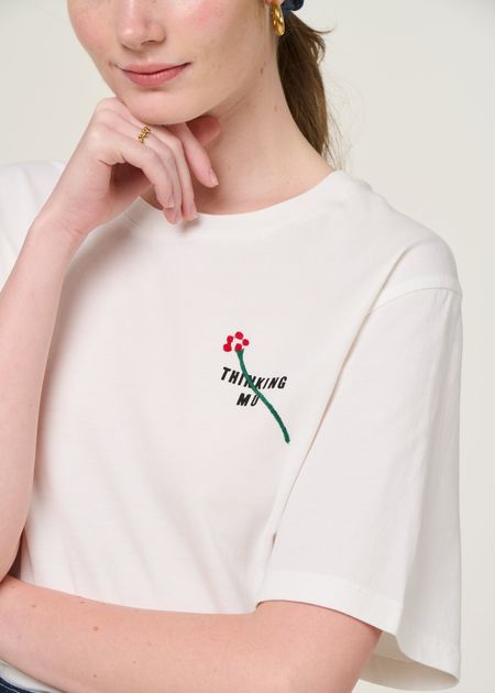 T-shirt brodé en coton biologique | blanc "flor tm lucia tee - white" - Thinking Mu