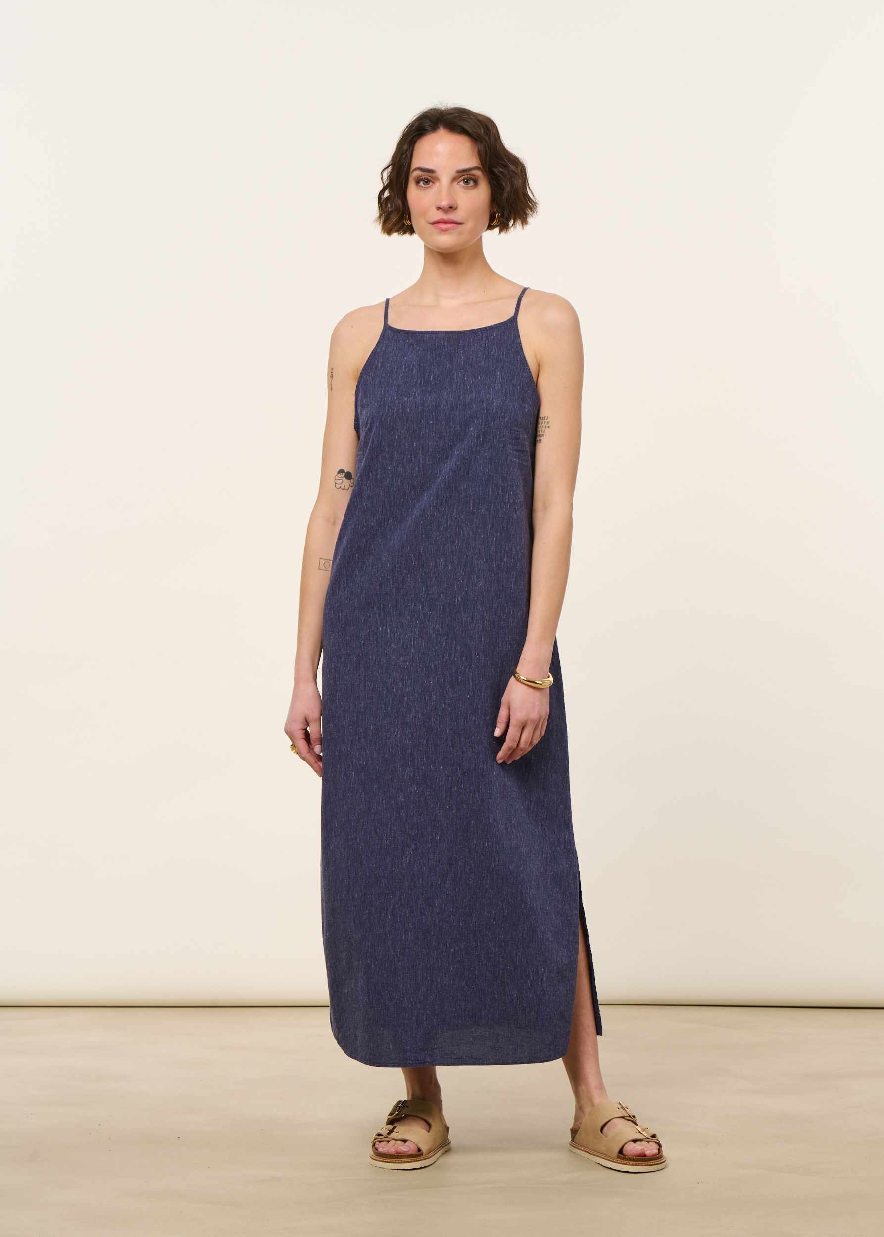Langes Kleid aus Bio-Baumwolle | Blau "Easy dress organic cotton - speckled navy", Rotholz, Foto 1