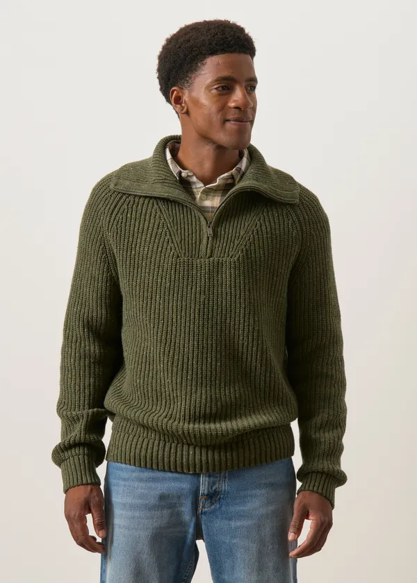 Pull col zippé en coton bio et en laine recyclée | vert "Tweed knit troyer - dark earth tweed", Armedangels