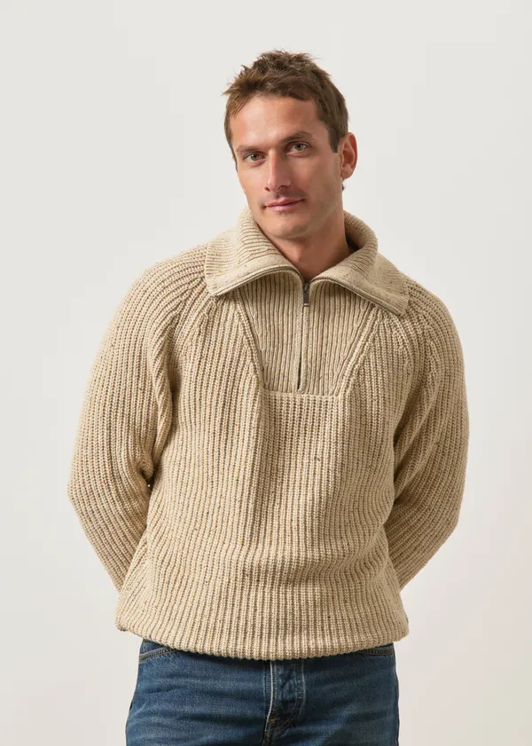 Pull col zippé en coton bio et en laine recyclée | beige "tweed knit troyer - sandstone tweed", Armedangels
