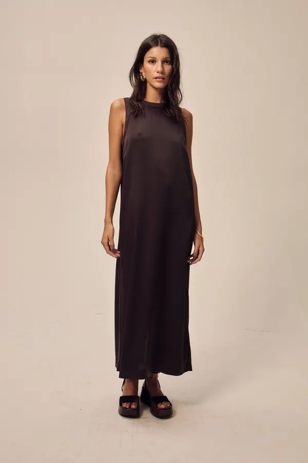 Robe longue satinée en matière upcyclée | marron "adid - marron", Nitah