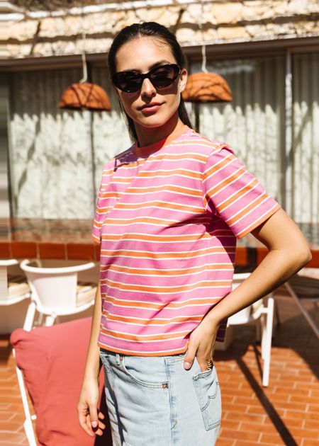 T-shirt boxy en coton bio | rayé rose