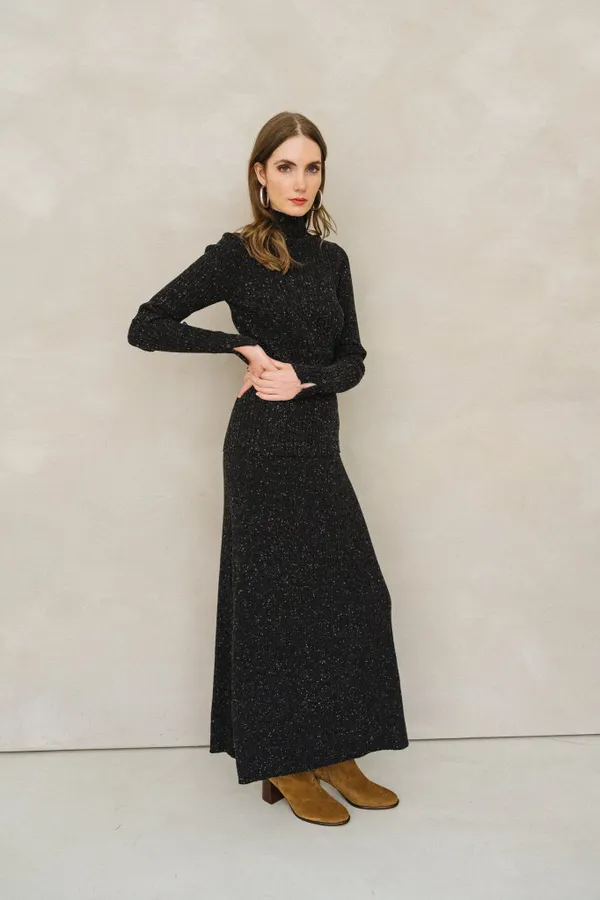 Jupe longue côtelée en coton bio et laine | noir "hanaa tweed - black-oatmilk", Armedangels