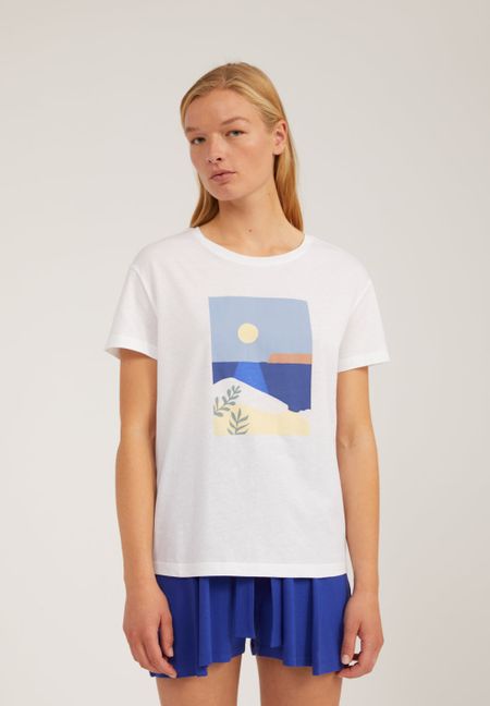 T-shirt blanc à imprimé plage en coton bio - nelaa calm sea