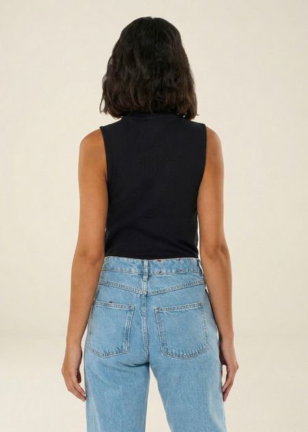 Débardeur côtelé noir en coton bio - high neck rib top black jet - Knowledge Cotton Apparel