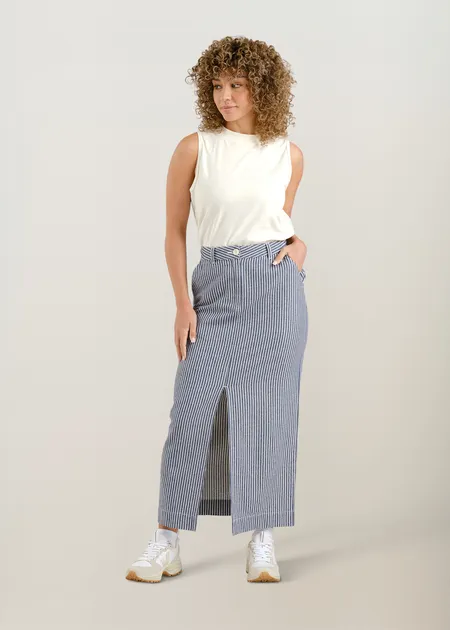Jupe longue denim en coton bio | rayé "Skirt finsta work stripe blue", Dedicated, photo 4