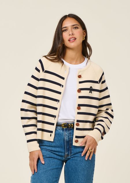 Gilet en coton bio | rayé "placed stripe knit cardigan - oatmilk-night sky" - Armedangels