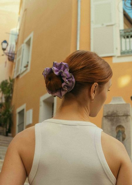 Maxi chouchou en matière upcyclée | vichy violet - bord vert - Chou²