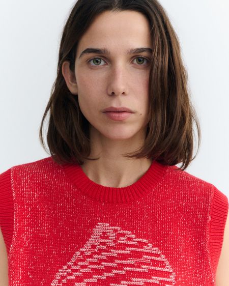Pull sans manches en coton et matière recyclées | shell red aria knitted vest - red - Thinking Mu