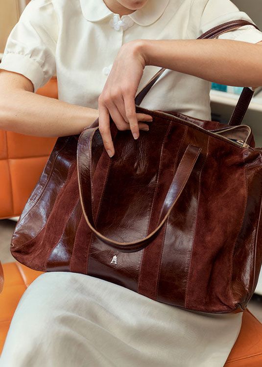 Cabas en cuir et suède certifiés | bordeaux "tall stripe - acajou burgundy", Craie Studio, photo 1