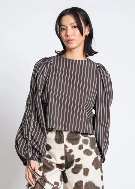 Blouse manches bouffantes en coton bio | rayé marron "Nibs - mud striped", Jan'n June, photo 2