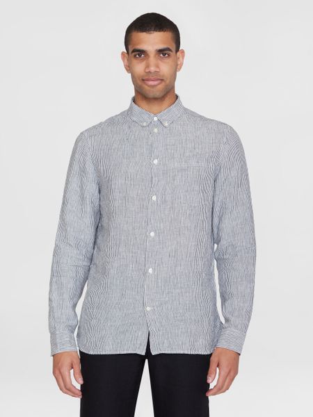 Chemise en lin bio | rayé "regular striped linen shirt total eclipse" - Knowledge Cotton Apparel