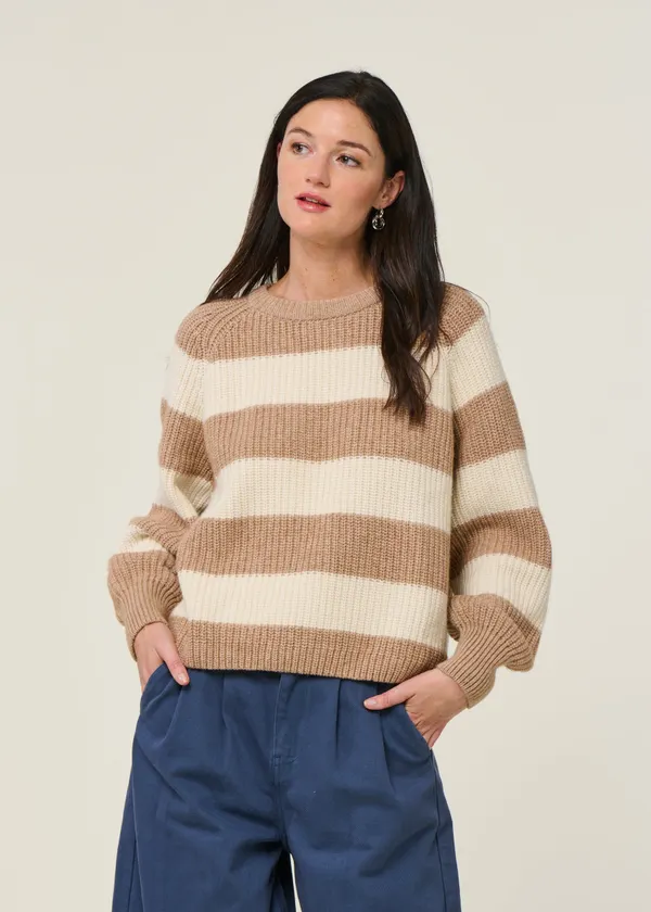 Pull à rayures en laine et coton bio | beige "kaagi stripes - camel melange", Armedangels