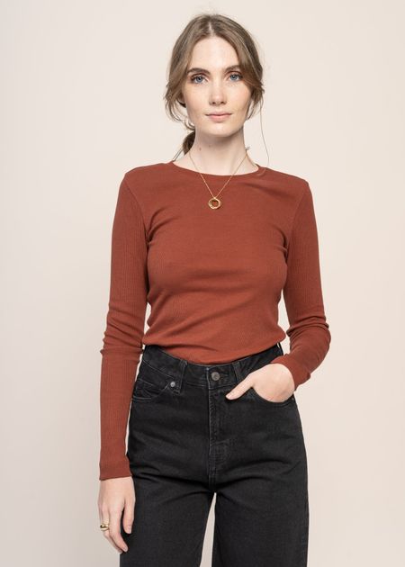 T-shirt manches longues en coton bio | rouge "rib scoop neck long sleeved fired brick"