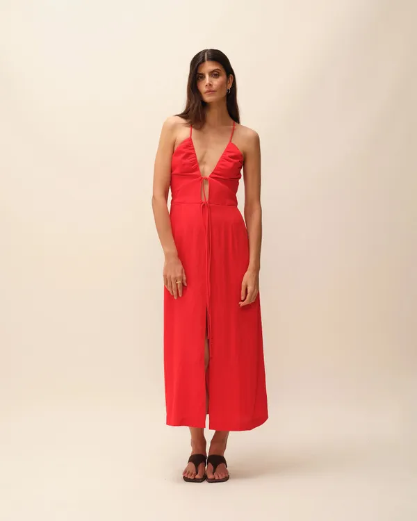 Robe en ecovero | rouge "robe longue à liens tania", Nitah