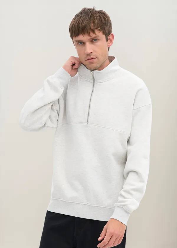 Sweat col zippé en coton biologique | gris "organic quarter zip - snow melange", Colorful Standard