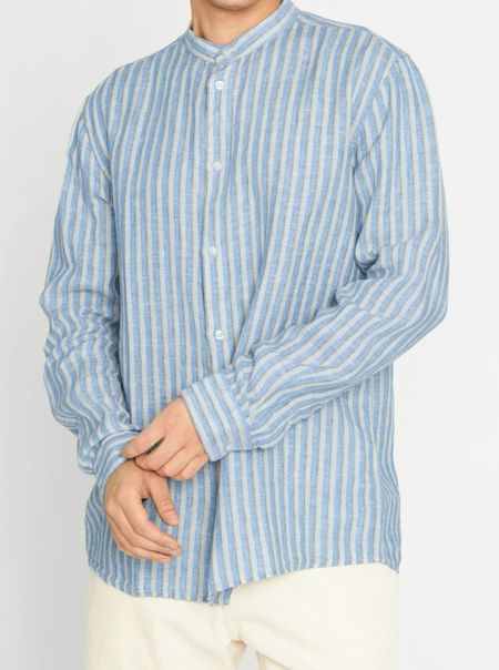 Chemise rayée bleue en lin bio - striped linen custom fit shirt stripe - Knowledge Cotton Apparel