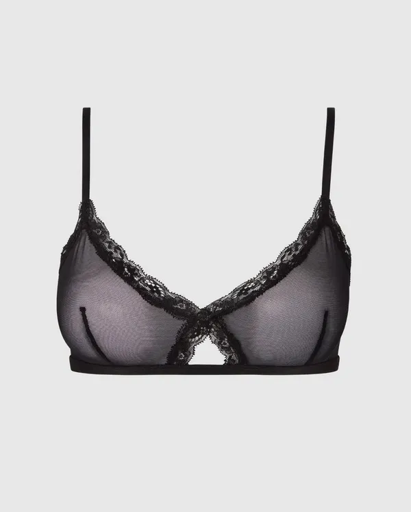 Soutien gorge triangle en matières recyclées | noir "mesh lace trim triangle bralette - black", Understatement