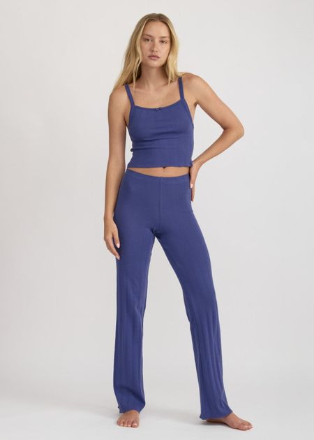 Pyjamahose aus Bio-Baumwolle | Blau "pointelle straight leg pants - eclipse", Organic Basics