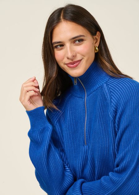 Pull col camionneur en coton bio | bleu électrique "troyer vanisé knit sweater - light dynamo blue" - Armedangels