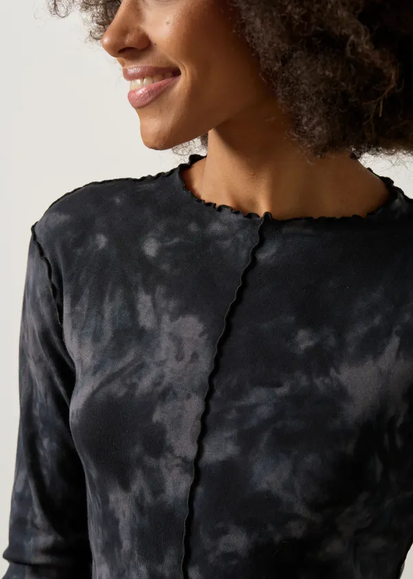Top manches longues en coton bio | noir "Pin-tucked long-sleeve - black tie dye", Rotholz