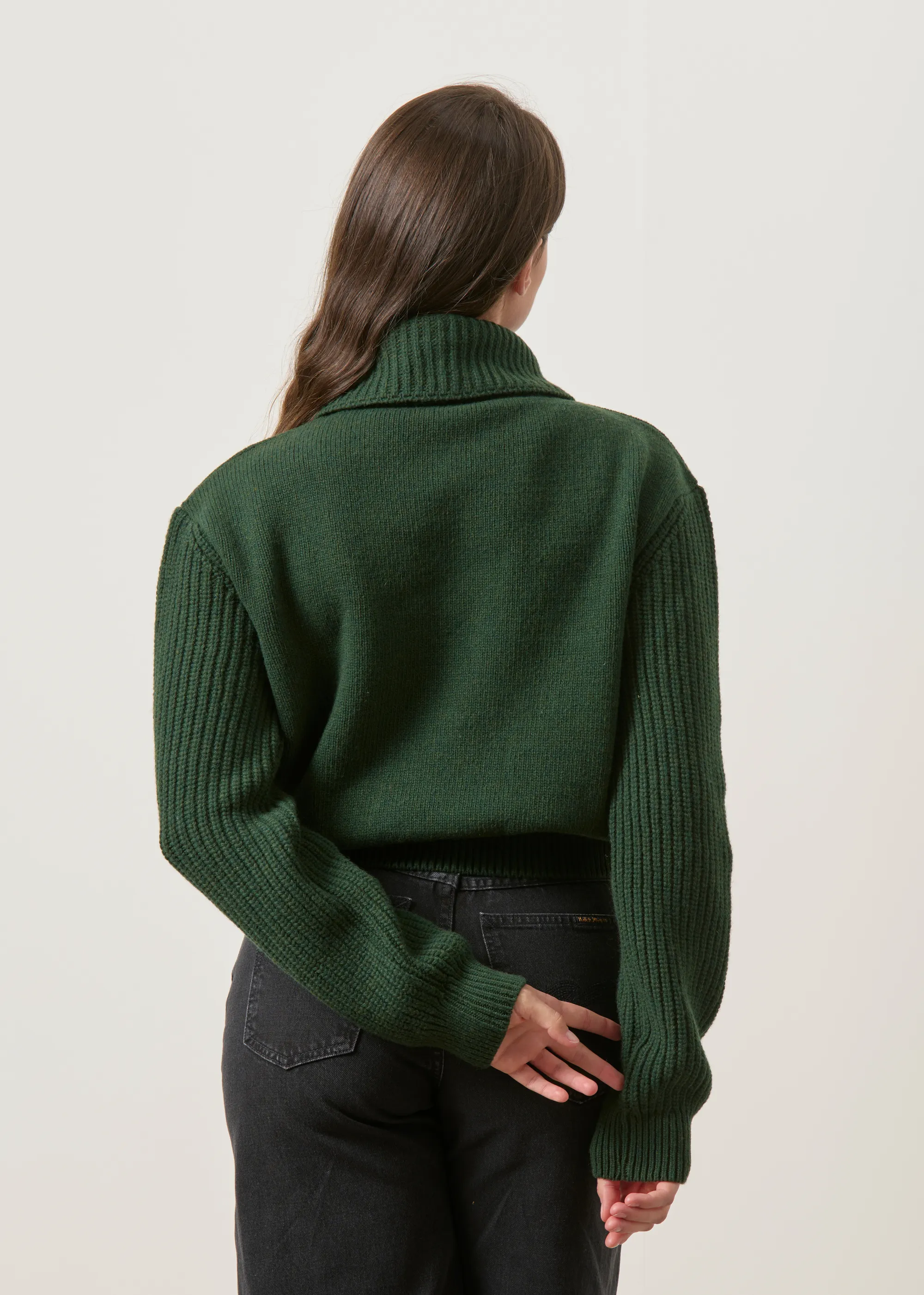 Pull zippé col en laine mérinos | vert "Green tanit knitted sweater - green", Thinking Mu, photo 5