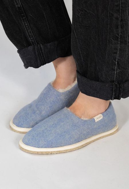 Chaussons en laine francaise | bleu "marcel chevrons bleu" - Caussun