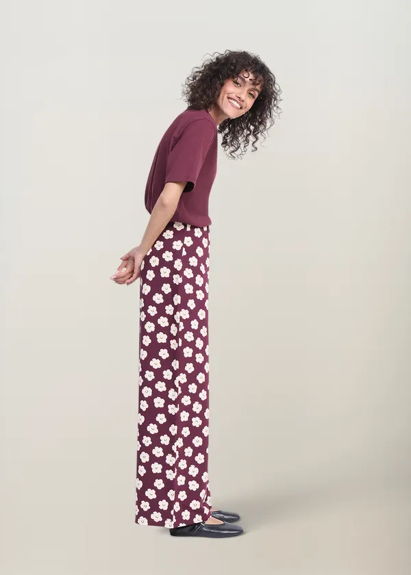 Pantalon ample molleton en coton bio | bordeaux "pauline - merlot flowers", émoi émoi