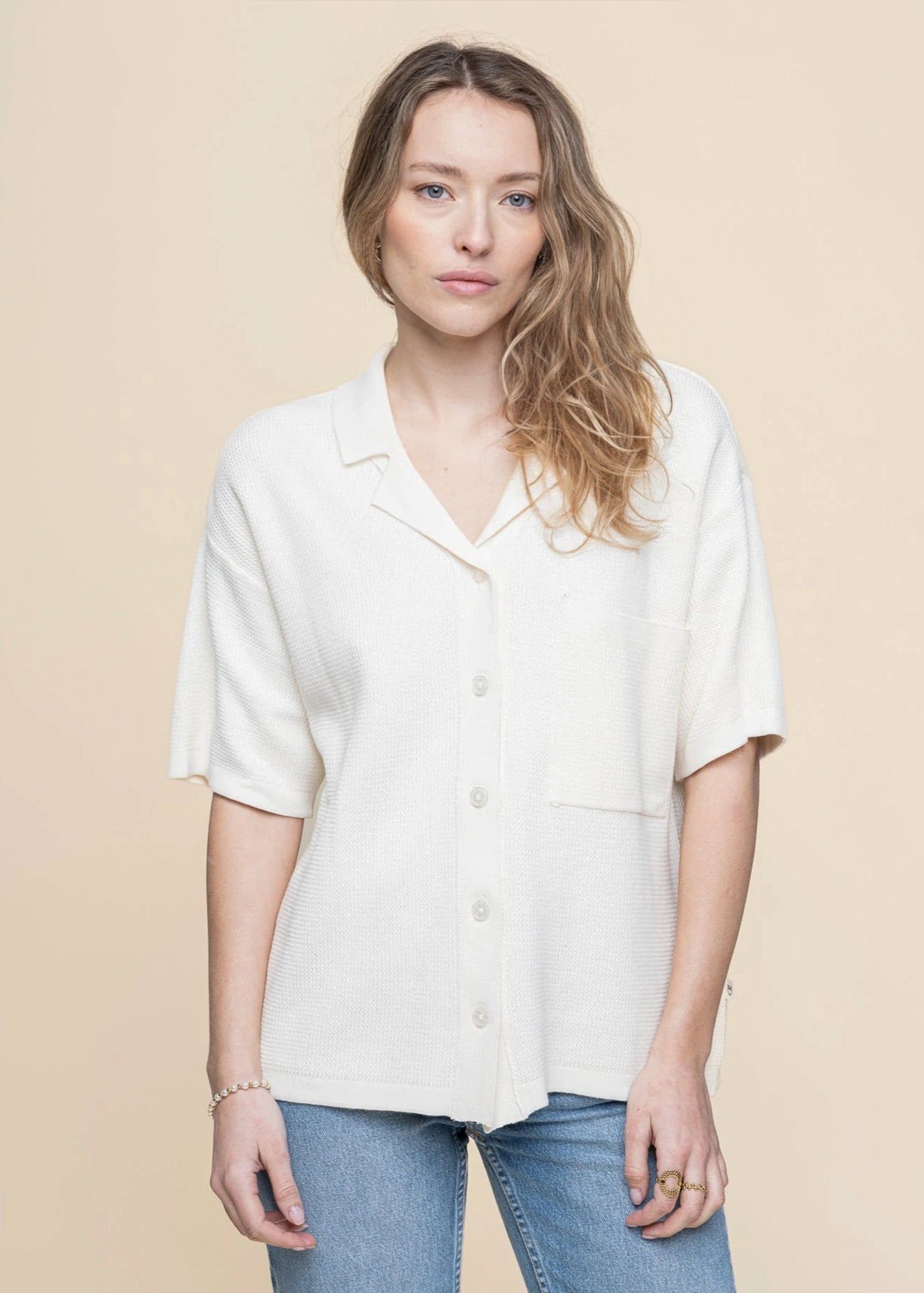 Chemise en coton biologique | blanc "racking stitch short sleeved shirt - egret", Knowledge Cotton Apparel, photo 1