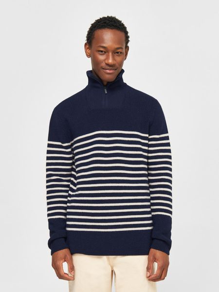 Pull col camionneur en laine bio | marine "1/2 neck zip merino wool rib knit blue stripe" - Knowledge Cotton Apparel