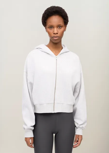 Sweat court zippé en coton bio | gris chiné "organic crop zip hood - snow melange", Colorful Standard
