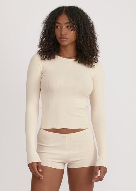 Top de pyjama en coton bio | beige "pointelle long sleeve tee - cloud"