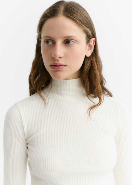 Sous-pull col montant en coton bio | blanc "White rib aine top - white" - Thinking Mu