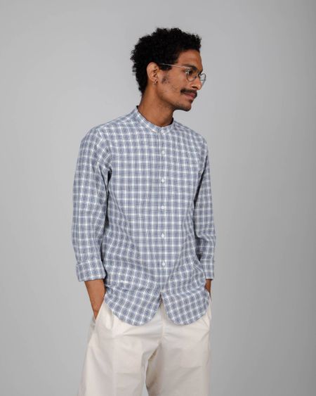 Chemise bleue à carreaux en coton bio - check regular mao white